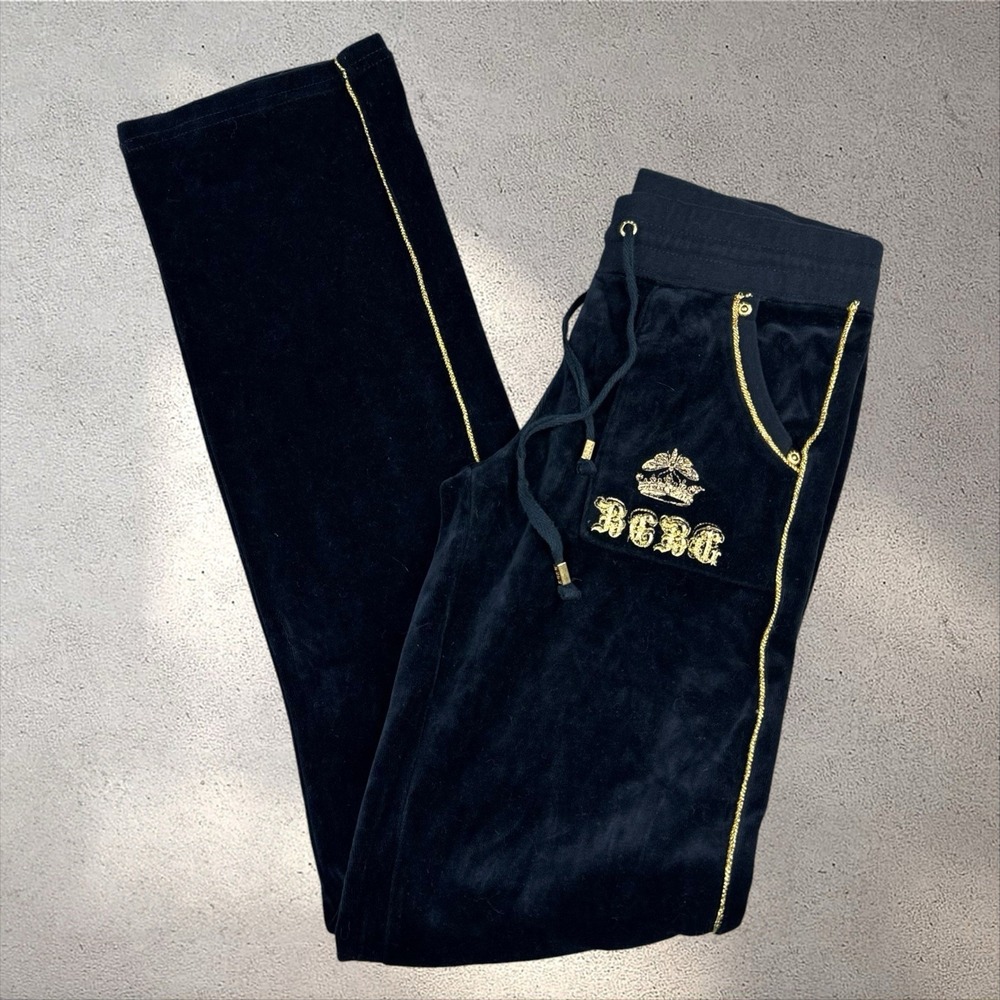 BCBG Maxazria Vintage Y2K Black Velour Embroidered Logo Pants Size S